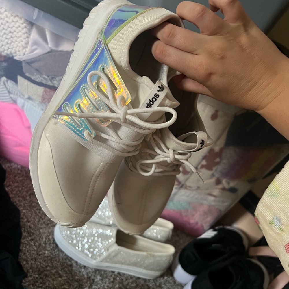 Adidas White Shoes with Iridescent Highlights